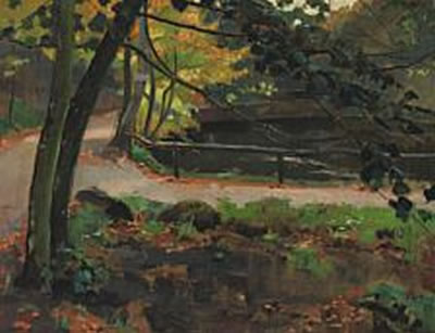 Path by forest lake, autumn