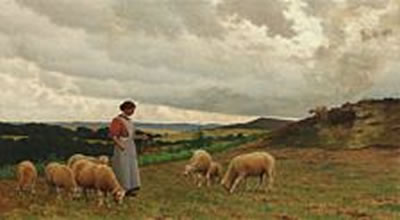 Hilly landscape with a woman and sheep