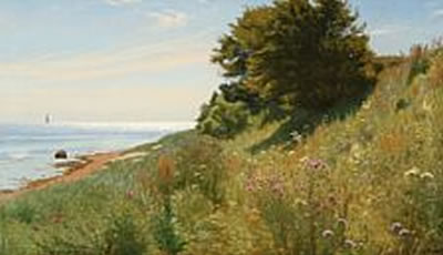 Summer idyll at a coast with colorful flowers.