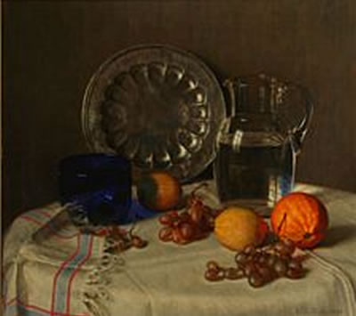 Still life with jug, dish, bowl and fruits on a table.