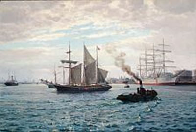 The schooner "Jørgen Danmark" in the Harbour of Copenhagen near Langelinie, in the foreground a tugboat.