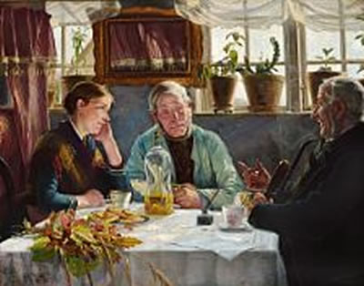 Interior with a girl and two old men drinking coffee and schnapps.