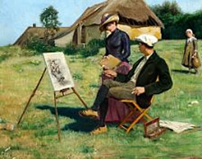 Landscape with a young painter and a woman admiring the day's work.
