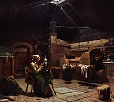 Interior from a Norwegian hut with a mother at the spinning wheel and a girl rocking her little brother.