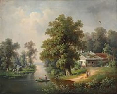 Stream scene with a farm