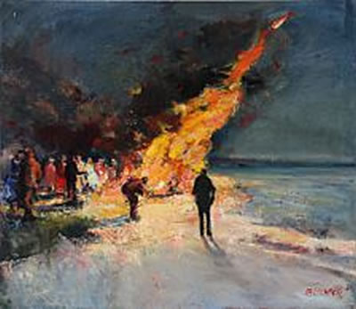 "Mørk himmel og bål på stranden"