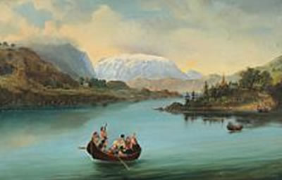 Norgewian mountainscape with wedding party crossing the river