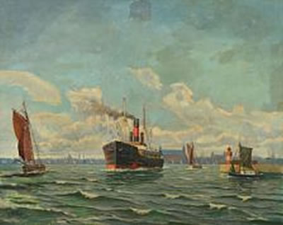 Copenhagen harbour with sailing boats and steamer