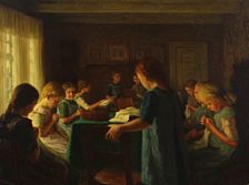Group of young girls sewing.