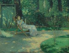 Garden with reading woman in deckchair. by August Torsleff - Auction record, sale price, and art valuation. Compare with similar artists and explore comparable artworks.