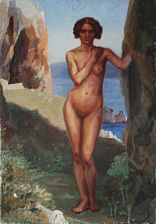 A nude female in an southern European landscape with cliffs