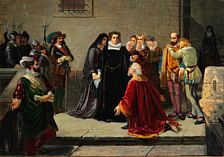 Historical scene with Mary Queen of Scots and a kneeling nobleman.