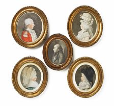 Five miniature portraits of Georg Friderich Reinbott, an officer and three women