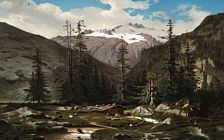 Mountain landscape with goats near a river.
