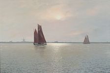 Evening atmosphere with fishing boats at sea off a coast
