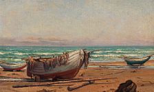 Coastal scene with boats on the beach