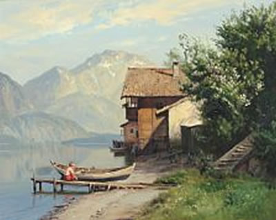 A view from the Alps in Switzerland with girl on jetty