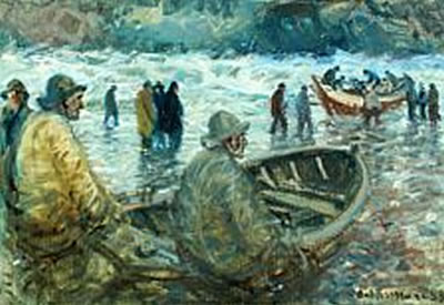 Coastal scenery with fishermen and lifeboats on the beach