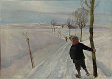 Winter landscape with two friends meeting on the country road