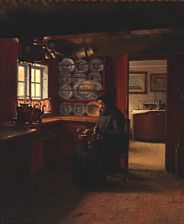 Interior with a Fanø woman polishing a kettle.