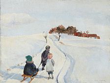 Winter day in the country with children playing with a toboggan. by Eiler Sorensen - Auction record, sale price, and art valuation. Compare with similar artists and explore comparable artworks.