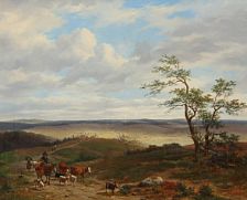 Landscape with a farmer and animals on their way home from a market.