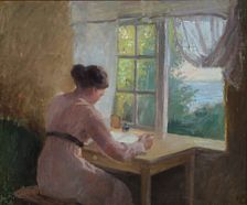 Interior with a girl writing at a window with a view to a summer landscape.