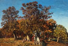 Landscape with people by a tree.