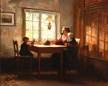 Interior with a mother and her two children.