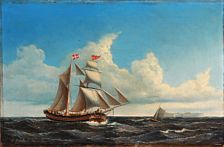 Seascape with a saling ship near a fortress.