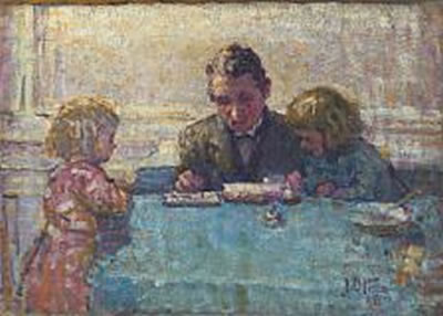 Interior with a father and two daughters around a table.