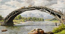"Broen og Fjældene". The bridge and the mountains. View of the old Grimsa bridge near Fallet in Grimsdalen Valley, Norway.