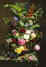 "En Vase med Roserne: "La France, Monsieur Bonsenne, Centifolio des peintres, Maréchal Niel, Gloire de Dijon, foruden Stedmoderblomster og flere Sommerblomster". A vase with the roses: La France, Monsieur Bonsenne, Centifolio des peintres, Maréchal Niel,