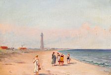 View of Skagen beach, in the background "Det Grå Fyr" (The grey Lighthouse).