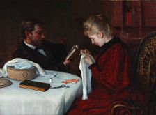 A young married couple around a table in the living room. by Julius Rehder - Auction record, sale price, and art valuation. Compare with similar artists and explore comparable artworks.