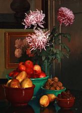 Still life with nuts, fruit and flowers in a vase.