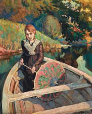 A woman with an umbrella in a rowboat