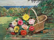 Still life with flowers in a basket