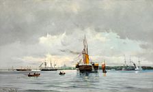 The Danish and the English Royal yachts and the Russian Imperial yacht are being saluted in the Copenhagen Harbour