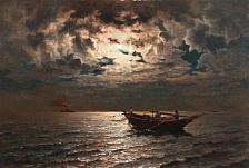 Fishermen at sea in moonlight