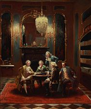 Five men around a table playing chess