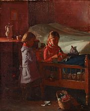 Interior with two small girls playing by Hans Andreas Hessellund - Auction record, sale price, and art valuation. Compare with similar artists and explore comparable artworks.