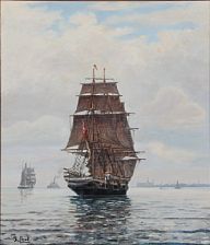Seascape with the training ship Georg Stage with Kronborg Castle in the background