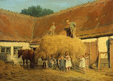 Children in the yard while the hay is brought to house by Lars Rastrup - Auction record, sale price, and art valuation. Compare with similar artists and explore comparable artworks.