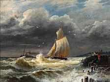 Coastal scene with a sailing boat in high waves by Georg Sommer - Auction record, sale price, and art valuation. Compare with similar artists and explore comparable artworks.