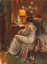 Interior with a woman in a chair by Emilie Christensen - Auction record, sale price, and art valuation. Compare with similar artists and explore comparable artworks.