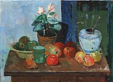 Still life with a potted plant, fruit and a bojan on a table by Kraesten Iversen - Auction record, sale price, and art valuation. Compare with similar artists and explore comparable artworks.