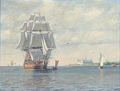 The ship of the line "Indfødsretten at Kronborg Castle and Morning fog; Seascape with a sailing ship on open sea