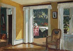 Interior with a view to a terrace with a woman in pink dress by Hans Sorensen-Lund - Auction record, sale price, and art valuation. Compare with similar artists and explore comparable artworks.