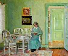 Interior from a green sitting-room with a young woman reading by Helga Ancher - Auction record, sale price, and art valuation. Compare with similar artists and explore comparable artworks.